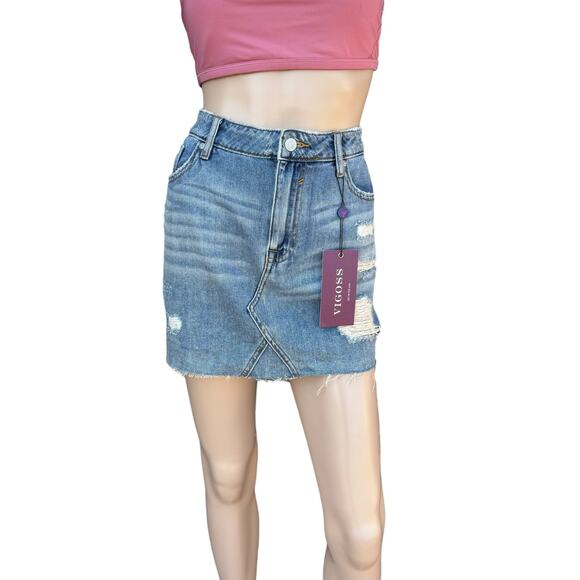 New Vigoss Jagger Women's Blue Medium Wash Classic Fit Distressed Jean Skirt W30 - Picture 2 of 11